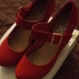 Red Mary Jane Heels with Gold Buckle